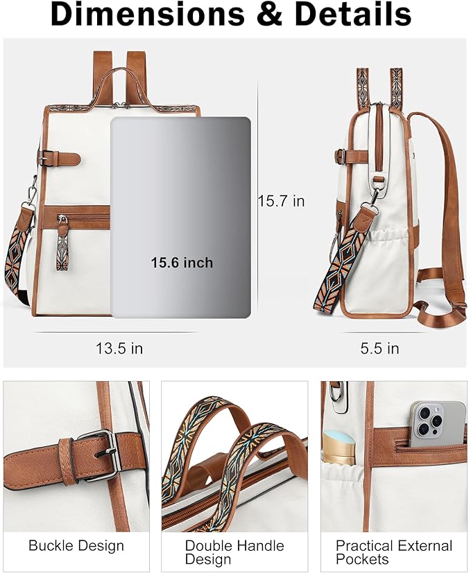 FADEON Leather Laptop Backpack for Women, Designer Ladies Work Travel Computer Backpack with Laptop Compartment Purse White