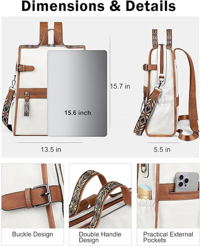 FADEON Leather Laptop Backpack for Women, Designer Ladies Work Travel Computer Backpack with Laptop Compartment Purse White