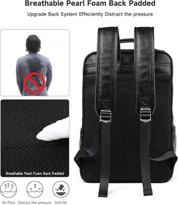 MOYYI Black Leather Backpack for Men Waterproof Fit 15.6 inch Laptop Backpack Work Commute Casual Daypack
