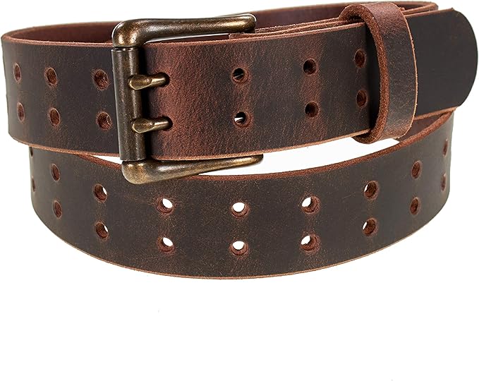 Men’s Classic Leather Belt, Double Prong Retro Style, Antique Brass Buckle, 1 ½” Width, Amish handmade in the USA