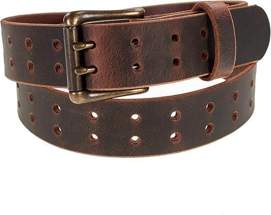 Men’s Classic Leather Belt, Double Prong Retro Style, Antique Brass Buckle, 1 ½” Width, Amish handmade in the USA