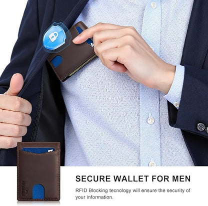 Slim Wallet for Men RFID Blocking, Genuine Leather Card Holder Minimalist Bifold, Front Pocket Wallets for Men with Money Clip Small Thin