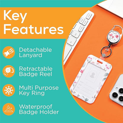 Will Well ID Badge Holder with Retractable Lanyard, Retractable Badge Reel Nylon Lanyard and Vertical ID Card Holder with 1 Card Slot Key Chain for Men & Women - Floral Design