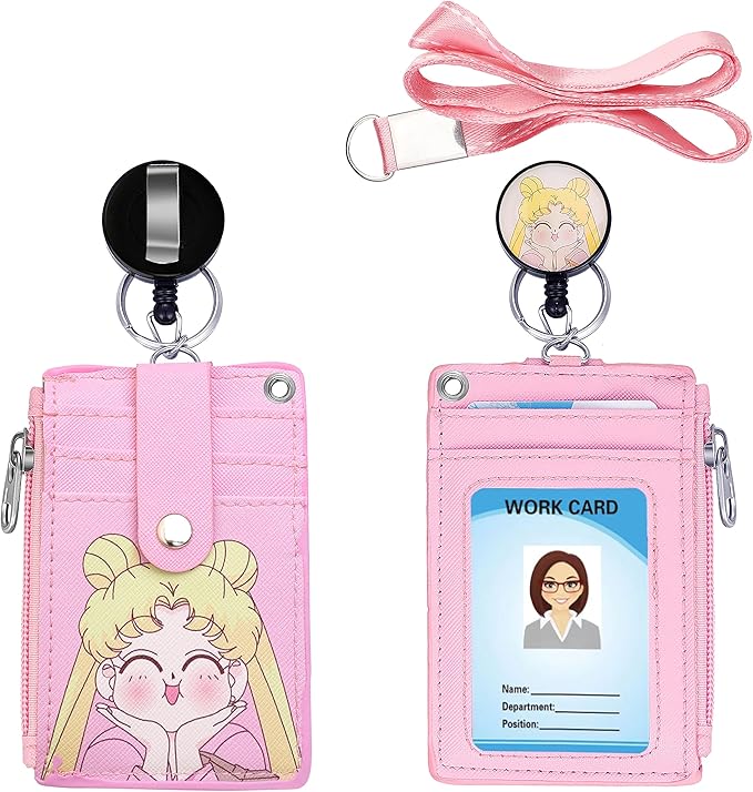 【2025 New】 Cute ID Badge Holder Retractable Lanyard Reel Clip with Heavy Duty Carabiner,5 Card Slots in 2 Sided with Key Ring and Zipper for Students Teens Boys Girls Office Staff Women (Lovely Girl)