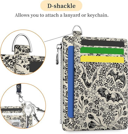 Hancynir Goth Bat Floral Slim Wallet Women Credit Card Holder Gothic Flower RFID Blocking Small Cute Card Wallets Mini Front Pocket PU Leather Thin Travel Zipper Coin Cash Ladies Female Wallet Gifts