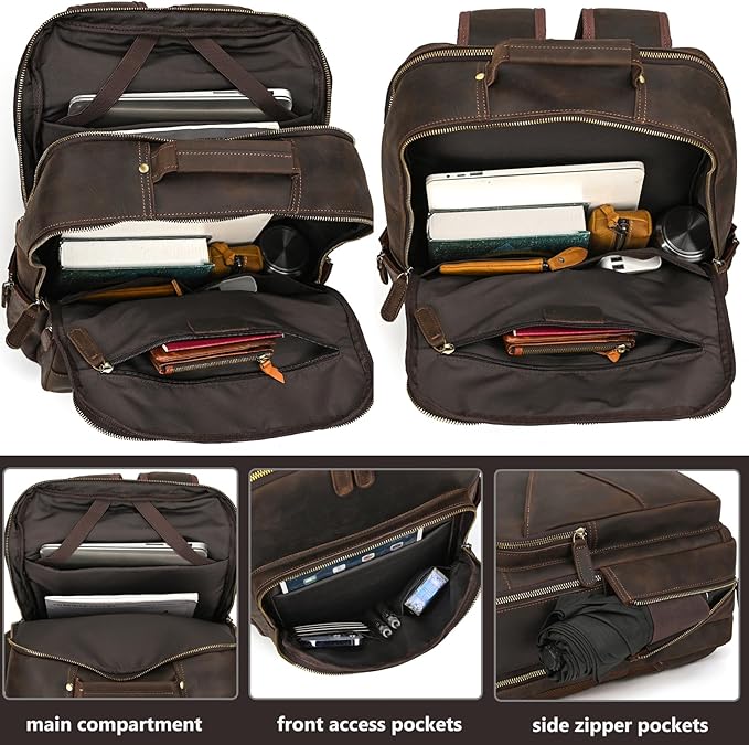 Vintage Full Grain Leather Backpack for Men, 16" Laptop Rucksack For Men Hiking Trave Work Business Bag, Dark Brown