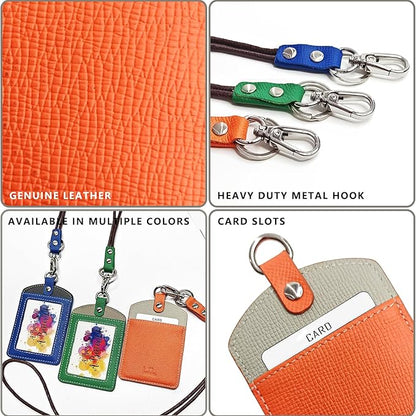 Badge Holder: Boshiho Cowhide Leather ID Badge Card Holder with 19" Neck Lanyard, Vertical Style (Orange-Light Gray)