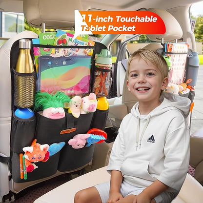 SURDOCA Upgraded Car Organizer with 11-inch Tablet Holder, 8 Pockets, Car Seat Protector for Road Trips - Car Storage and Organizers for Kids, Grey 2PC