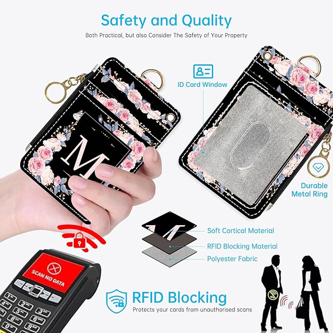 A-Z Letter 2-in-1 ID Badge Holder & Lanyard Wallet for Teachers,Nurse,Professionals-Cute Zippered Coin Pouch,Removable Wristlet & Neck Lanyard,5 Card Slots Stylish Work Essential M