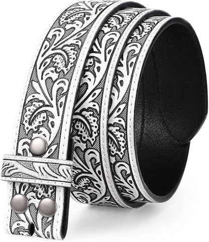 TRIWORKS Western Belt Strap for Men without Buckle 1.5" Wide Floral Engraved Embossed Leather Belt Strap