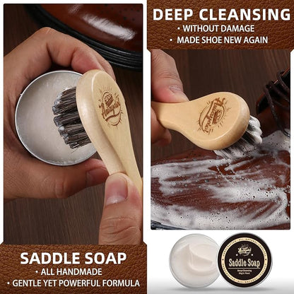 10 PCS Leather Care Kit - Horsehair Brushes,Saddle Soap,Waterproofing Wax,Mink Oil Conditioner,Polishing Cloth,Microfiber cloth,Boot Shoe Shine Cleaning Kit Gift for Men Cowboy Husband Dad ﻿