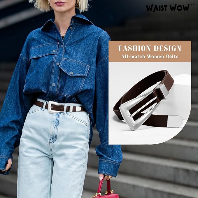 Women's Leather Belts for Jeans Pants Fashion Leather Waist Belt Ladies Dress Belts with Gold/Silver Buckle