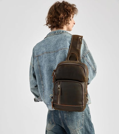 LANNSYNE Full Grain Leather Sling Bag For Men, Crossbody Bag fits 12.9" iPad Crossbody Chest Daypack