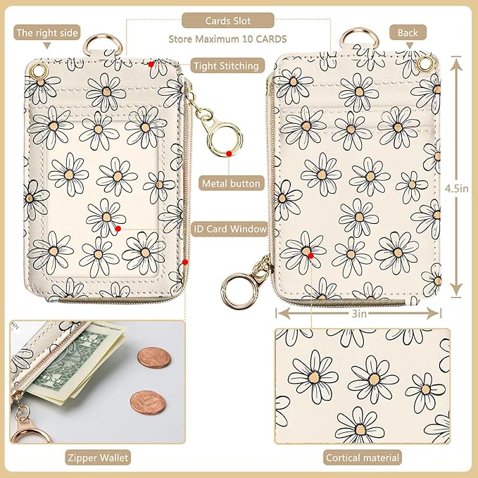 bolimoss Daisy Lanyards for ID Badges Keys, 2-in-1 Cute Floral ID Badge Holder & Lanyard Wallet,PU Leather Wallet Lanyard Card Name Tag Protector for Women Nurses, Teachers, Students