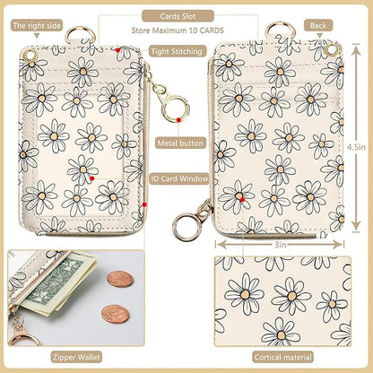 bolimoss Daisy Lanyards for ID Badges Keys, 2-in-1 Cute Floral ID Badge Holder & Lanyard Wallet,PU Leather Wallet Lanyard Card Name Tag Protector for Women Nurses, Teachers, Students