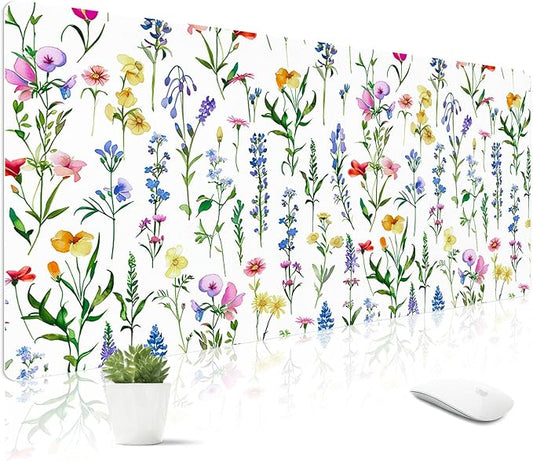 Mouse Pad Leather Desk Mat Large Keyboard Cute Office Desktop Computer Laptop XXL Long Big Aesthetic Modern Design Women Girls Gaming Gamer Oversized Wide Mousepad 31.5"x15.7", White Floral