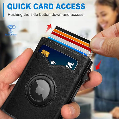 miyozi Airtag Wallet for Men,with Cash Pocket 2 ID Window 9-12 Cards,Metal Case Smart Slim Pop Up Credit Card Holder Flip with Magnetic Closure RFID Blocking Trifold wallet with Gift Box