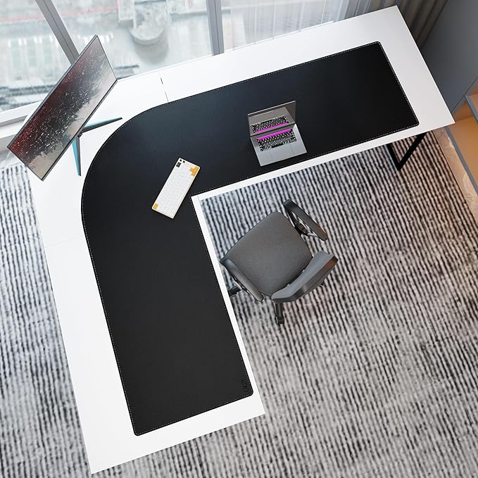 Cacoy 74.8"L x 61.8"L x 23.6"W Black PU Leather L-Shaped Desk Mat, XXL Extra Large 75 Inch L Shape Gaming Mouse Pad for Corner Desk,Waterproof Premium Leather Computer Desk Pad Blotter for Office Home