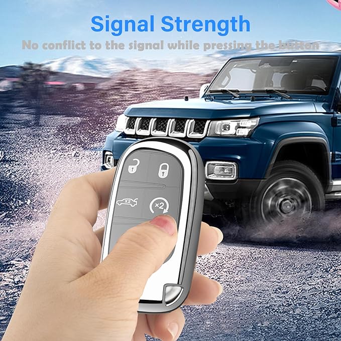 XIYANG TRADE for Jeep Key Fob Cover with Keychain,Soft TPU Key Case Shell Full Protection for Grand Cherokee Renegade Chrysler 200 300 Dodge RAM Durango Challenger Journey Dart Compass Charger(Silver)