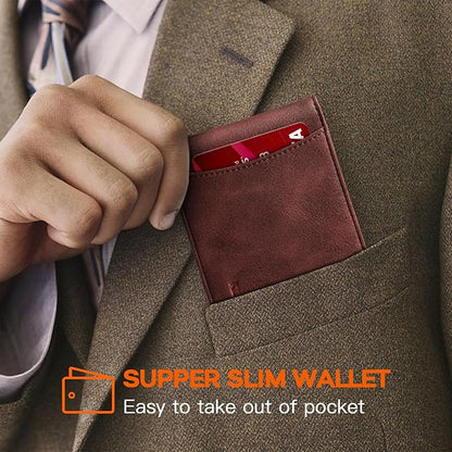 RUNBOX Slim Wallet for Men Genuine Leather RFID Blocking Bifold Minimalist Front Pocket Mens Wallet with Money Clip Thin Gift Box