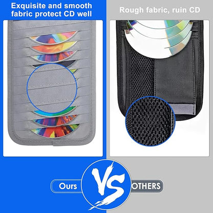 Visor CD Holder, Sun Visor CD Holder, Grey Car Visor CDs Holders with 12 Disc Sleeves 1 Mesh Pocket 1 Pen Holders & Elastic Strap