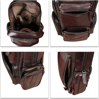 IVTG Genuine Leather Sling Bag Crossbody Casual Hiking Daypack Vintage Handmade Chest Bag Shoulder Backpack Motorcycle Pack (Coffee)