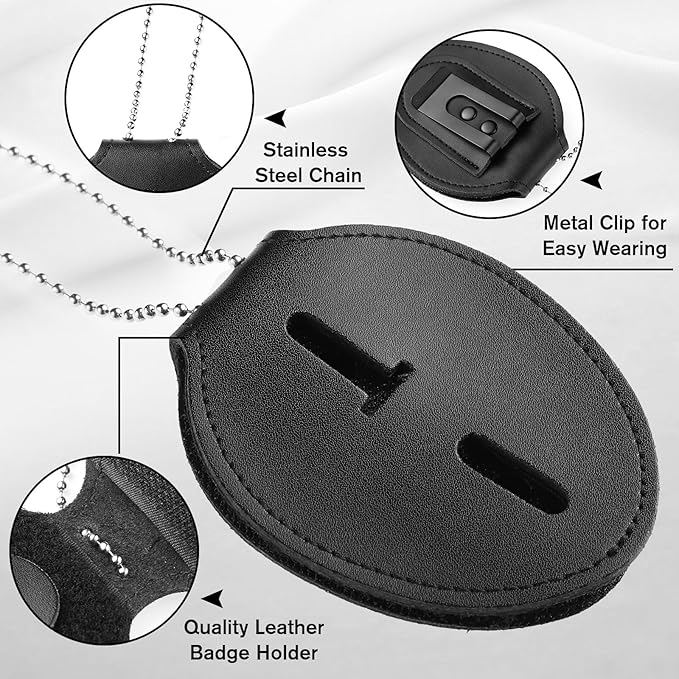 BESARME 2 Pack Police Badge Holder Belt Clip Cowhide Leather Badge Holders Universal Law Enforcement Security Badge Holder with Stainless Bead Chain
