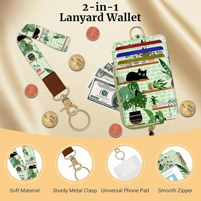 2-in-1 ID Badge Holder & Lanyard Wallet,Multi Use Womens Small Wallet with Zipper Pocket for Women Men with Wristlet and Neck Lanyard 5 Card Slots Work Essential (Cat Shelf)
