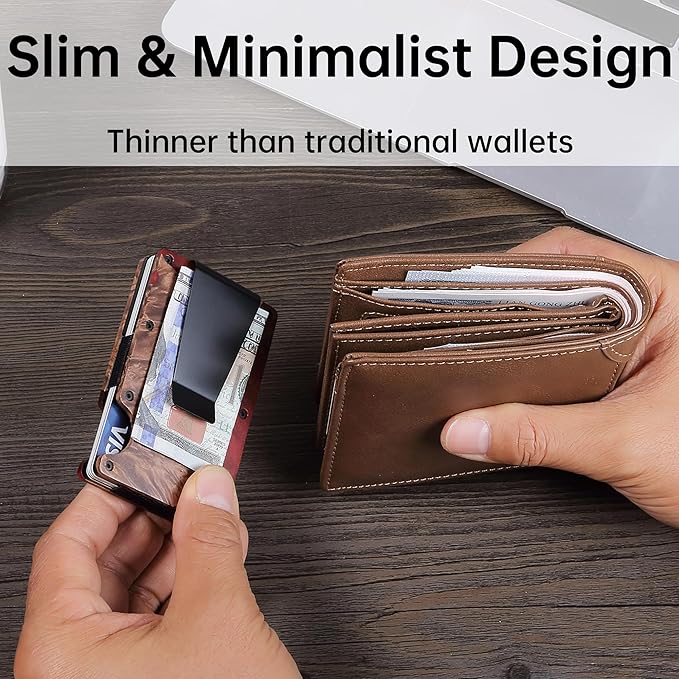 Minimalist Slim Wallet for Men,RFID Blocking Metal Wallet,Aluminum Credit Card Holder & Money Clip 12-15 Cards,Slim Rfid Front Pocket Mens Wallet,Resin Red