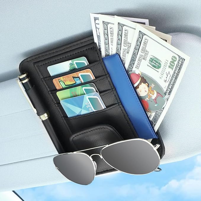 BOAO 2 Packs Car Sun Visor Organizer, Sunglasses Holders for Car Sun Visor PU Auto Interior Accessories Storage Travel Document Holder with Multi Pocket (6.1 x 4.93 Inches, Black)