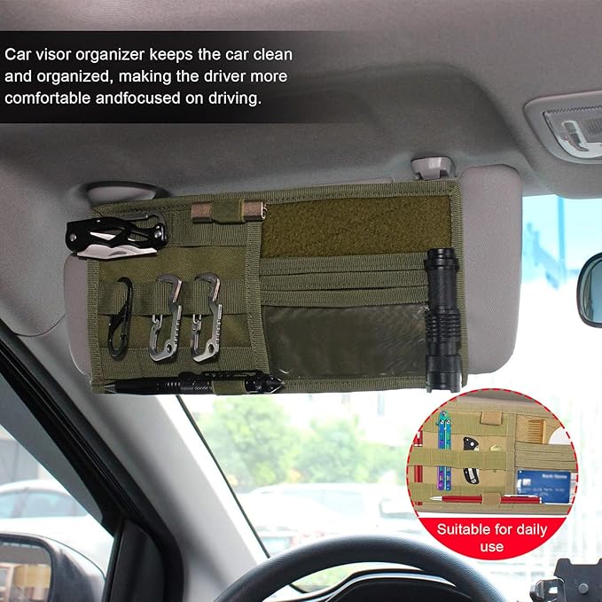 povtii Car Sun Visor Organizer, Tactical Nylon Vehicle Visor Panel Storage Holder Pouch Bag, Molle Multifunctional Sunshade Pocket for Pen Card Sunglasses, Car Accessories (Green)