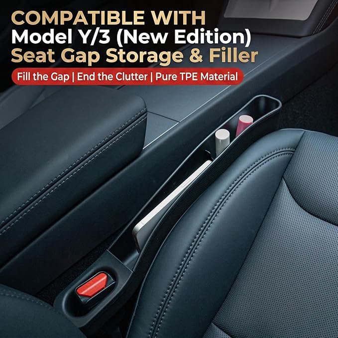 Car Seat Gap Filler Organizer for Tesla Model Y Juniper & Model 3 Highland, TPE Seat Gap Plug with Storage Slot, Seat Belt Slot, No-Drop, Black, 2-Pack