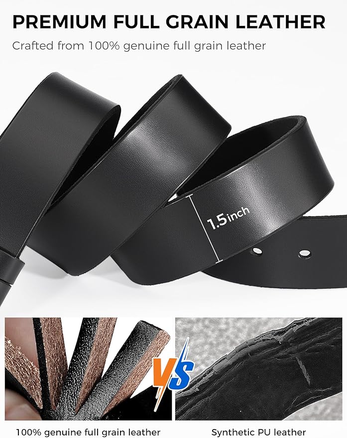 Men's Everyday Casual Belt - 1.5 Inch Full Grain Genuine Leather with Brass Buckle
