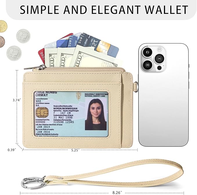 SEAVILIA Small Wallet for Women Slim Wristlet Keychain Wallets RFID Credit Card Holder With Zipper Pocket, ID Window (Beige＆Apricot)