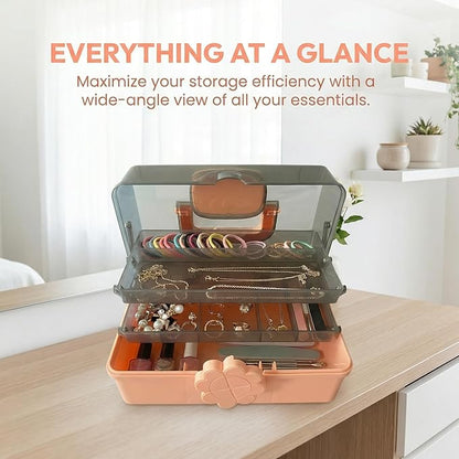 Pulseplay 3-Layer Hair Accseeories Organizer Box for Girls Portable Craft Organizers and Storage with Handle Multipurpose Plastic Storage Box for Hair Accessories,Jewery,Sewing,Art Supply,Nail