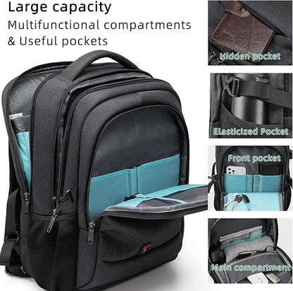DUSLANG 17 Inch Laptop Backpack for Travel Water Resistant College Backpack for Men Women Laptop Bag with USB Charging Port with Black Lock,Black