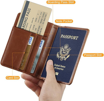 RFID Blocking Premium Leather Passport Holder Travel Wallet Cover Case (Brown)