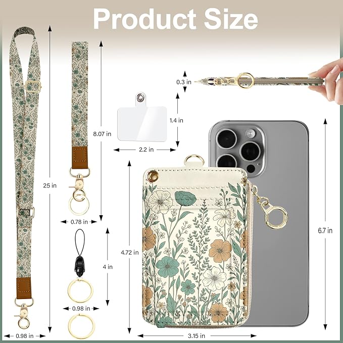ID Badge Holder with Lanyard,Vintage Floral Art PU Leather Lanyard with Wallet with ID Badge Holder Wallet for Office, School, Teachers, Nurses, Women