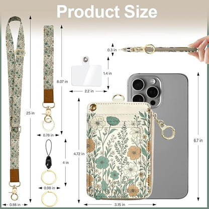 ID Badge Holder with Lanyard,Vintage Floral Art PU Leather Lanyard with Wallet with ID Badge Holder Wallet for Office, School, Teachers, Nurses, Women