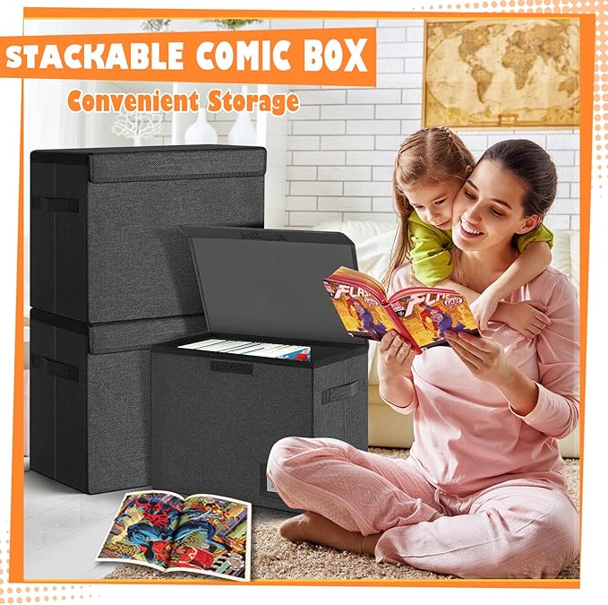 Leffis Comic Book Storage, Box 15.5" X 7.5" X 11.3", Collapsible Comic Short Box with Lids Holds 150 Comics Heavy Duty Comic Book Bin Container (1 pack, black)
