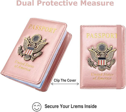 Passport Holder for Travel Passport Cover for Men Passport Wallet Case with Metal Badge Protector Leather Card Case RFID Blocking Women Travel Accessories Document Organizer (Rose Gold)