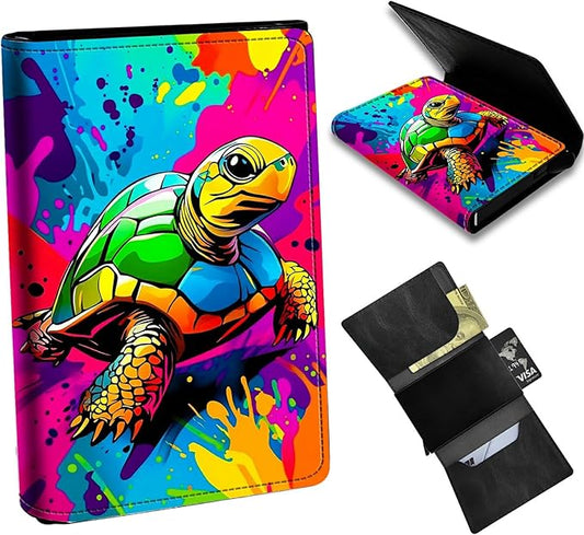 Minimalist Wallet for Men's Card Holders, Pop-Up Card Case Durable Wallets for Women, Leather Automatic Credit Card Holder with Metal Money Clip RFID Blocking Bifold Pocket, Art Sea Turtle