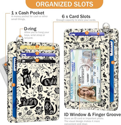 Yonlevres Card Holder Small Wallet Women, Black Cat Flowers RFID Blocking Slim Cute Credit Card Wallet, Front Pocket Travel Thin ID Window PU Leather Mini Organizer Case Purse Gifts Woman Girls Ladies