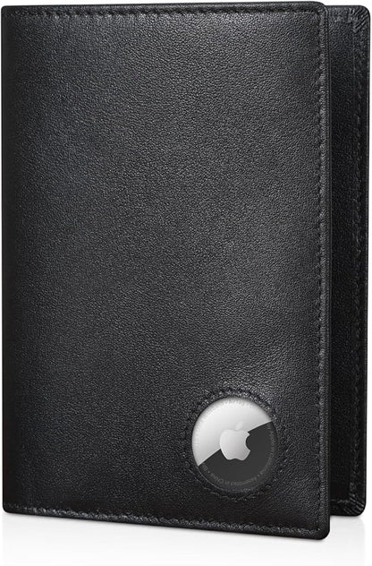 Polare Slim RFID Blocking Leather Passport Holder Travel Bifold Wallet For Men (Black with AirTag Holder)