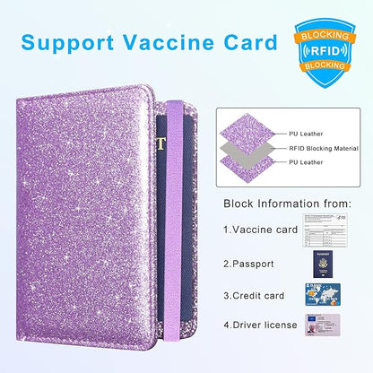 ACdream Unisex Faux Leather Passport and Vaccine Card Holder, Glitter Purple, RFID Blocking, Protects Valuable Information