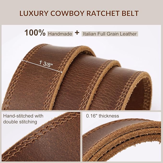 Mens Leather Belt, Ratchet Belts for Men Full Grain Leather Handmade, 100% Italian Top Genuine Leather Dress Belt