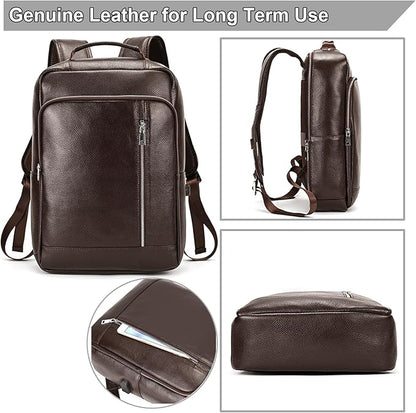 Genuine Leather 15.6 Inch Laptop Backpack for Men, Multi Pocket Slim Daypack Shoulder Bag with Trolley Sleeve for Business Travel (Brown)