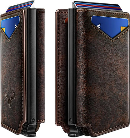 BULLIANT Men Wallet Leather Wallet Card Holders Money Clip for Men 10Cards-Magnetic Flip on Metal Case