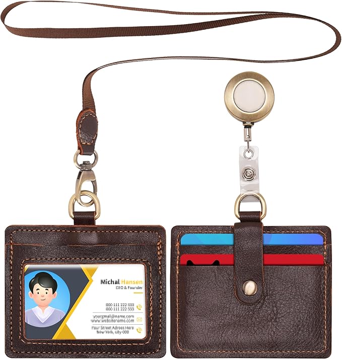 Wonderpool Leather Horizontal Badge Holder with Detachable Neck Lanyard and Retractable Badge Reel Clip, Card Slots Case ID Card Holder for ID Badges Card and Driver Licence (Coffee)