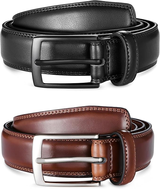 MILORDE Men's Leather Dress Belt 2Pack, Handmade, Genuine Leather, Fashion & Classic Designs for Work Business and Casual